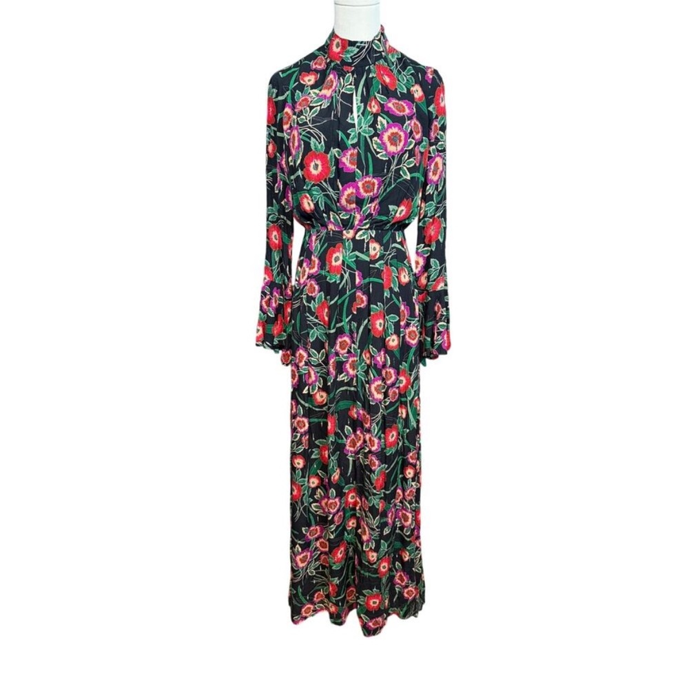Misa Los Angeles Floral Long Sleeve Dress - Red and Green